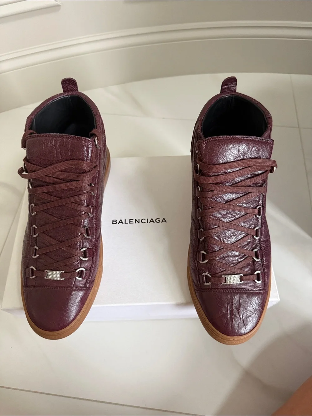 Balenciaga Arena Men's Burgundy Leather High-Top Sneakers with Gum Sole